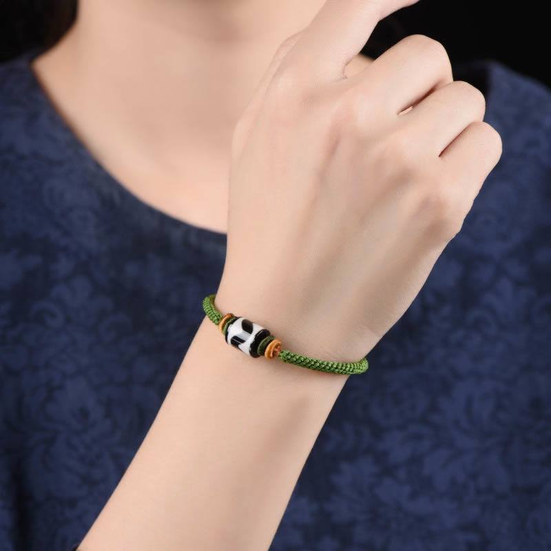 Fortune Jewel Handmade Tibetan Dzi Bead Protection Braided Green Rope Bracelet