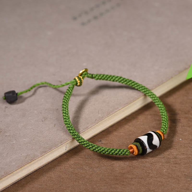 Fortune Jewel Handmade Tibetan Dzi Bead Protection Braided Green Rope Bracelet