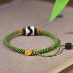 Fortune Jewel Handmade Tibetan Dzi Bead Protection Braided Green Rope Bracelet