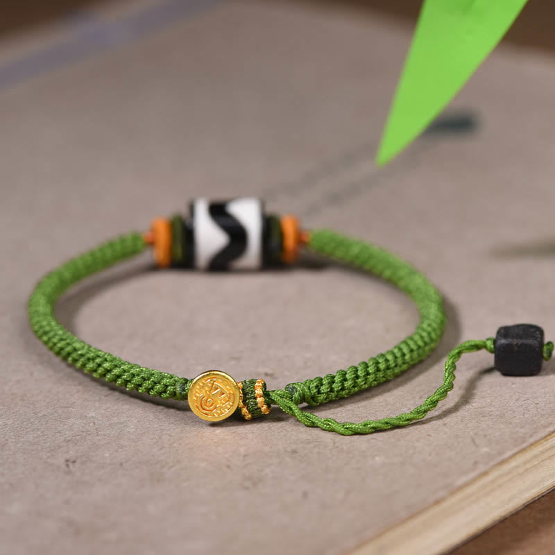 Fortune Jewel Handmade Tibetan Dzi Bead Protection Braided Green Rope Bracelet