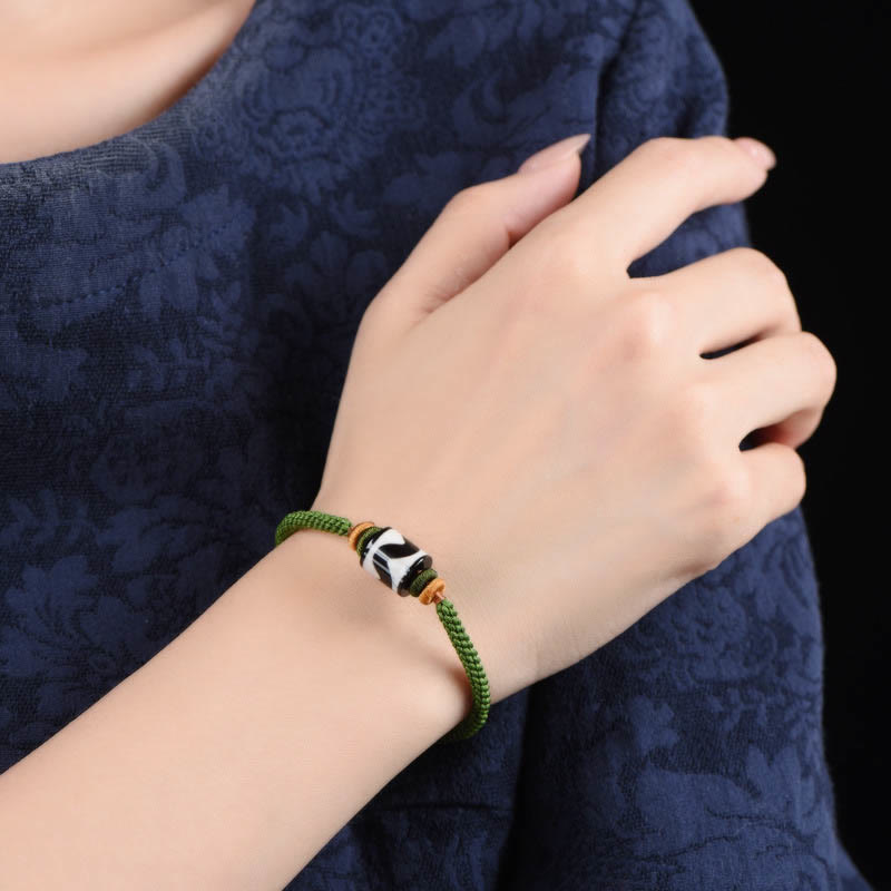 Fortune Jewel Handmade Tibetan Dzi Bead Protection Braided Green Rope Bracelet