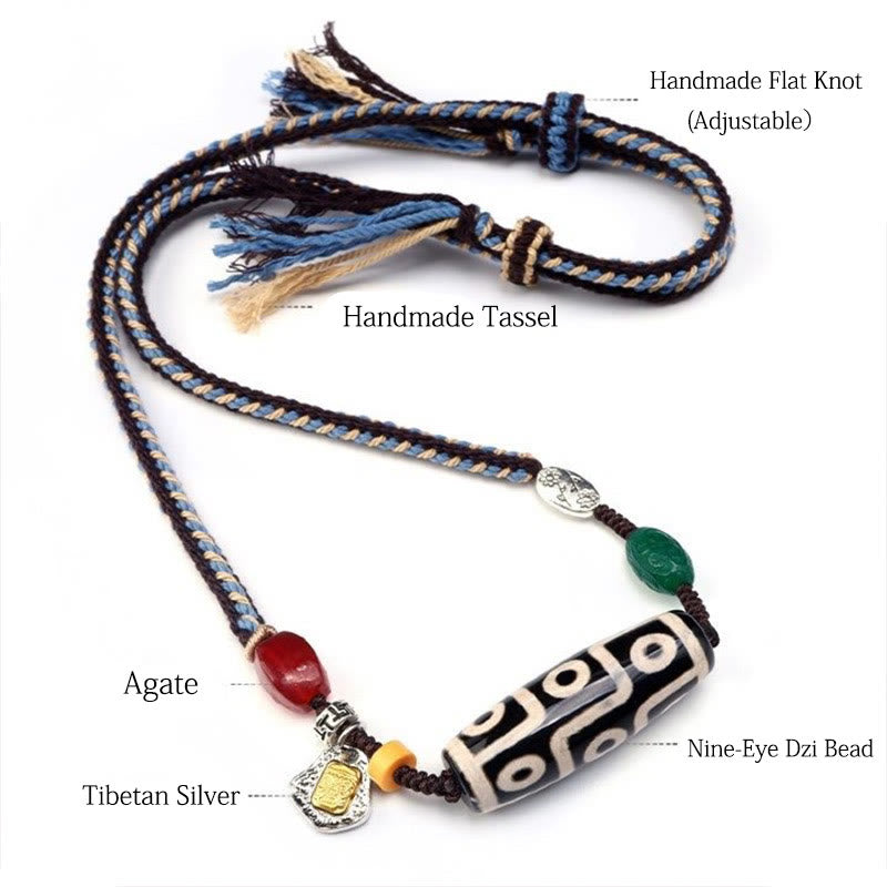 Fortune Jewel Tibetan Nine-eye Dzi Bead Protection Braided Rope Necklace Pendant