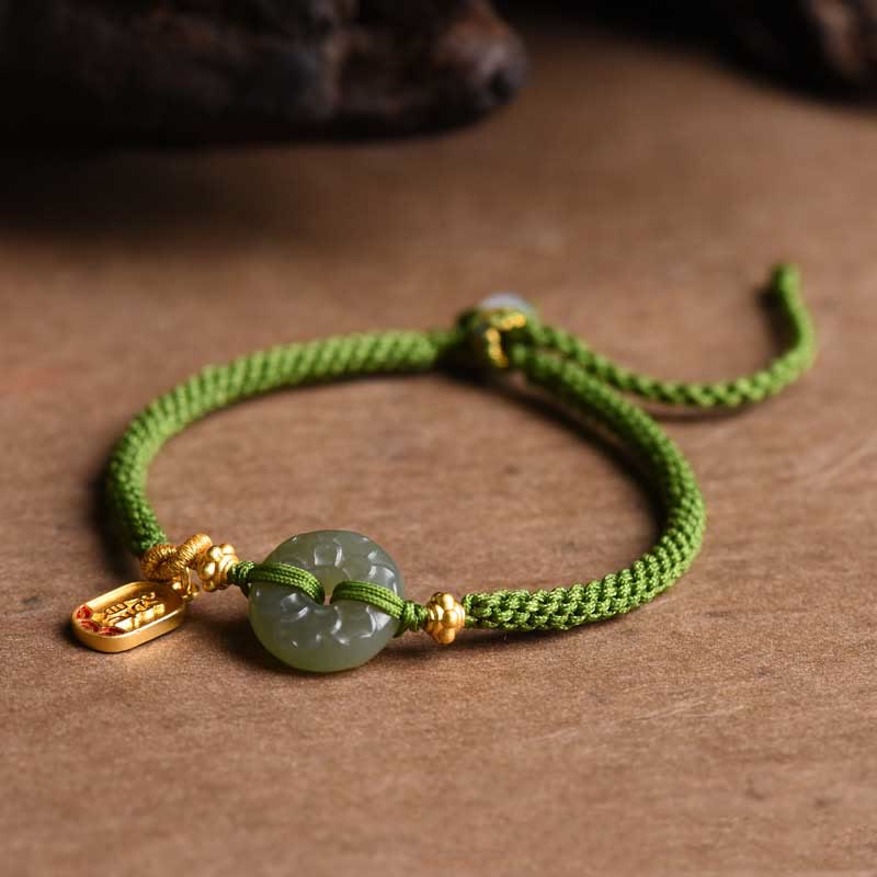 Fortune Jewel Green Jade Peace Buckle Green Rope Bracelet