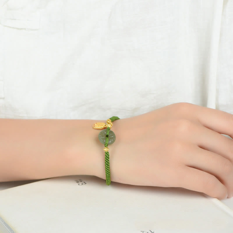 Fortune Jewel Green Jade Peace Buckle Green Rope Bracelet