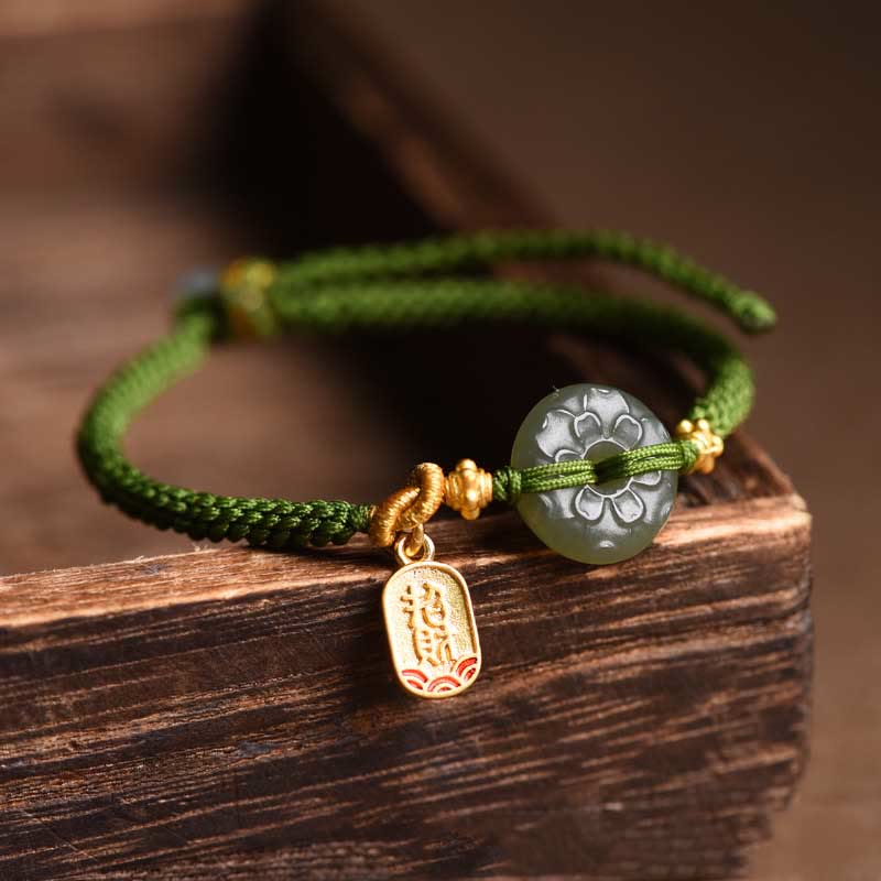 Fortune Jewel Green Jade Peace Buckle Green Rope Bracelet