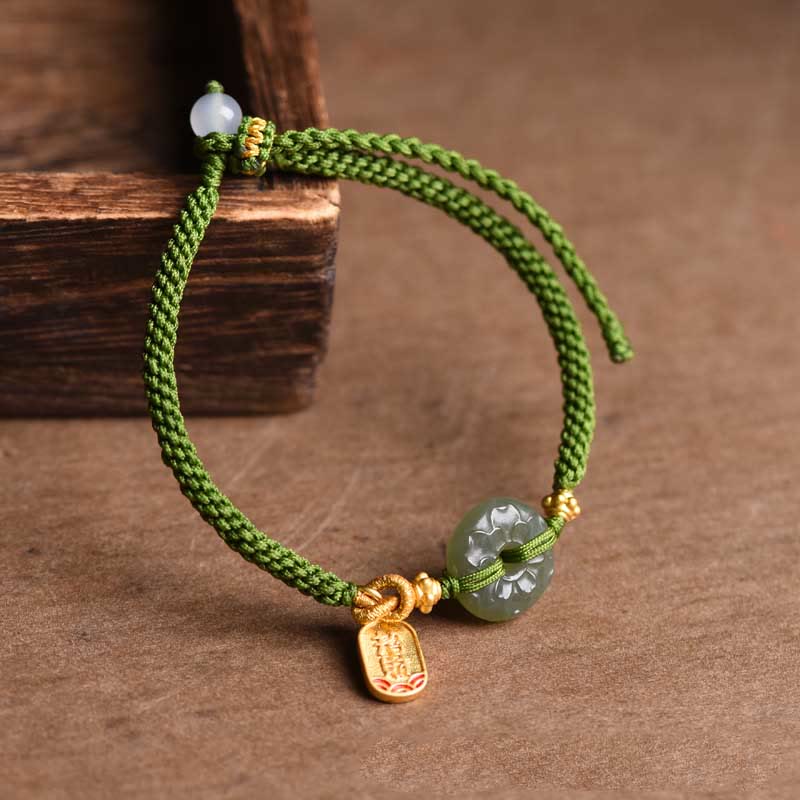 Fortune Jewel Green Jade Peace Buckle Green Rope Bracelet