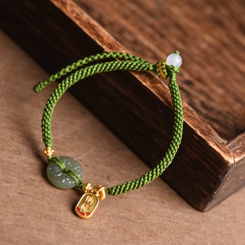 Fortune Jewel Green Jade Peace Buckle Green Rope Bracelet