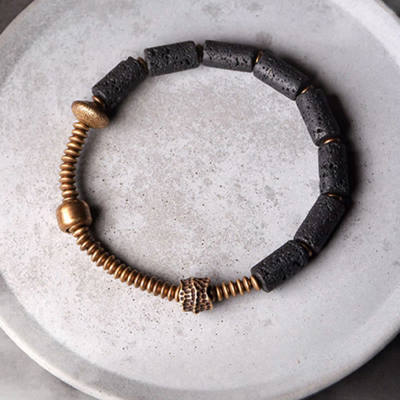 Fortune Jewel Luck Wealth Black Lava Rock Beads Copper Bracelet