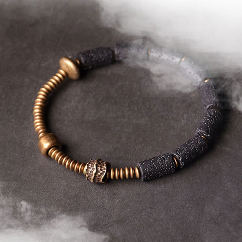 Fortune Jewel Luck Wealth Black Lava Rock Beads Copper Bracelet