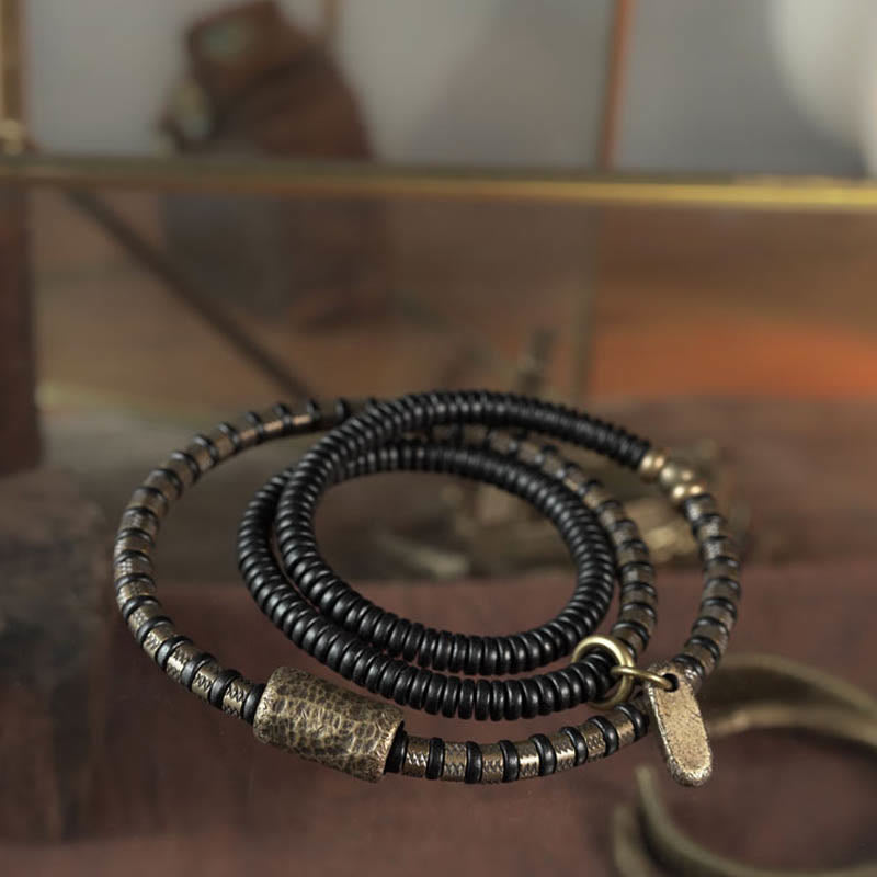 Fortune Jewel Healing Tibetan Ebony Wood Beads Copper Multilayered Bracelet