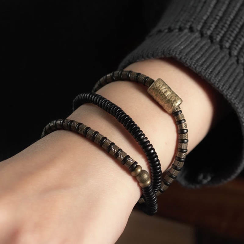 Fortune Jewel Healing Tibetan Ebony Wood Beads Copper Multilayered Bracelet