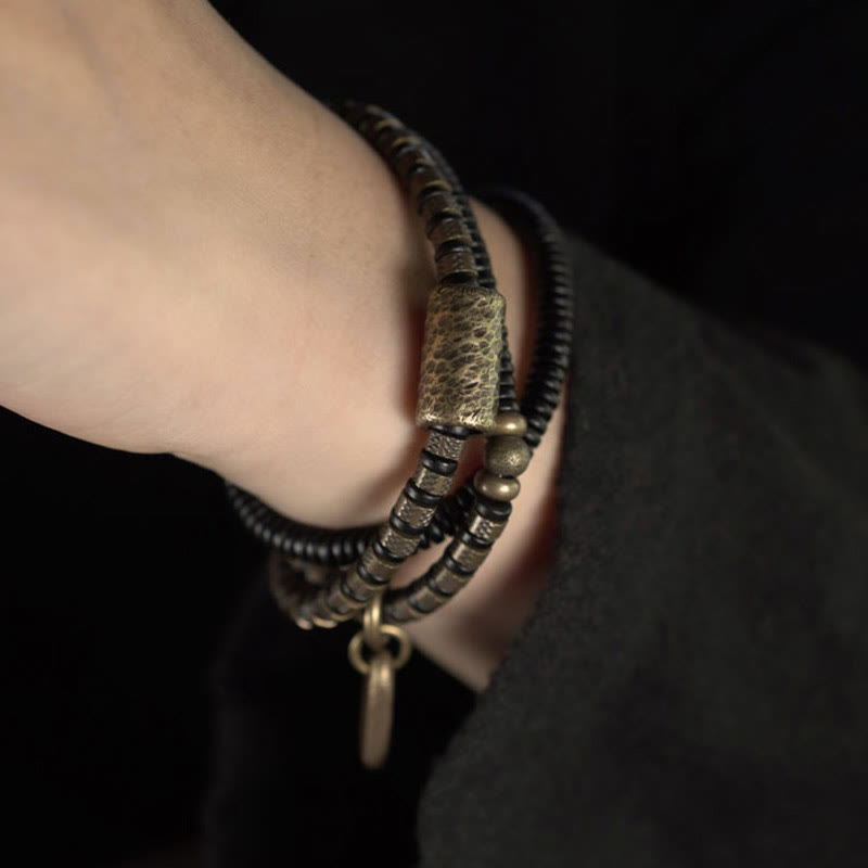 Fortune Jewel Healing Tibetan Ebony Wood Beads Copper Multilayered Bracelet