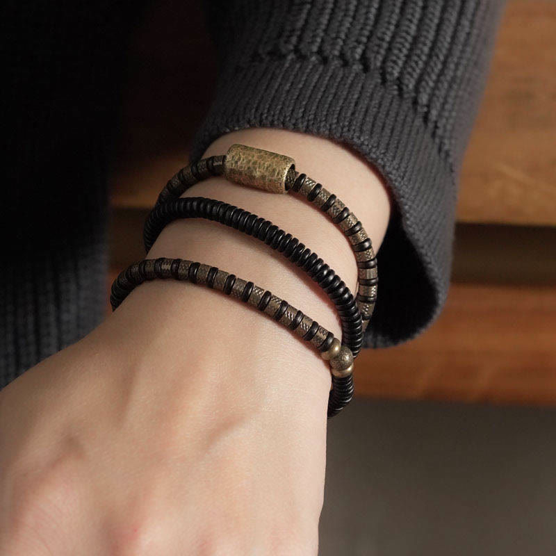 Fortune Jewel Healing Tibetan Ebony Wood Beads Copper Multilayered Bracelet