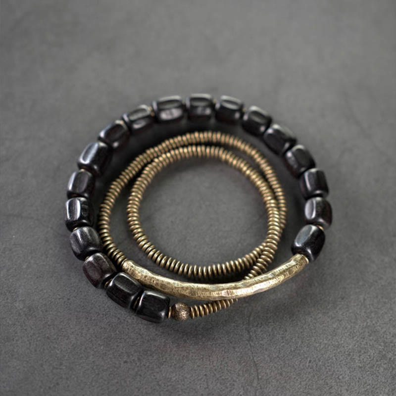 Fortune Jewel Vintage Peace Tibetan Ebony Wood Beads Copper Multilayered Healing Bracelet