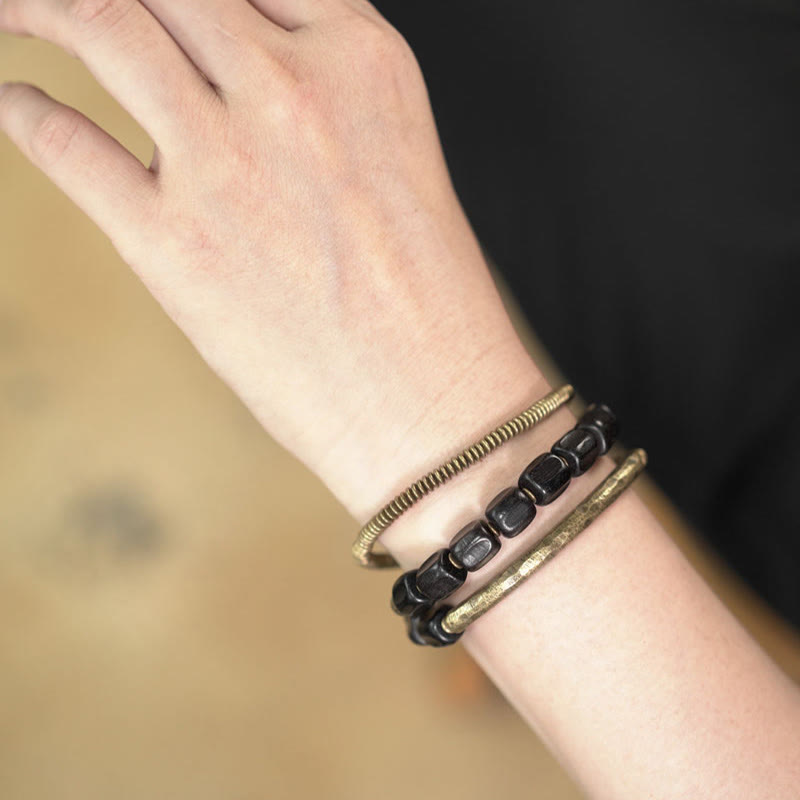 Fortune Jewel Vintage Peace Tibetan Ebony Wood Beads Copper Multilayered Healing Bracelet