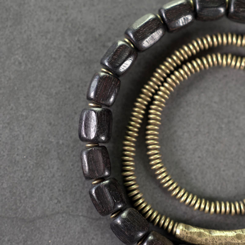 Fortune Jewel Vintage Peace Tibetan Ebony Wood Beads Copper Multilayered Healing Bracelet