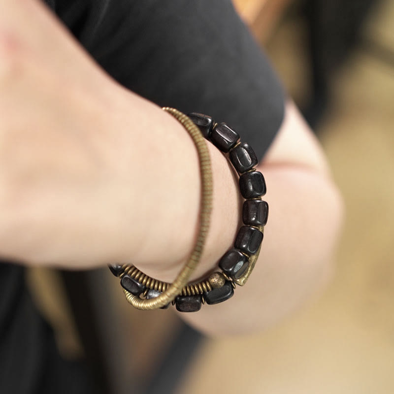 Fortune Jewel Vintage Peace Tibetan Ebony Wood Beads Copper Multilayered Healing Bracelet
