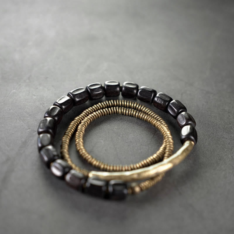 Fortune Jewel Vintage Peace Tibetan Ebony Wood Beads Copper Multilayered Healing Bracelet