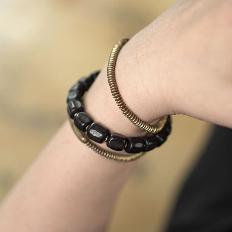 Fortune Jewel Vintage Peace Tibetan Ebony Wood Beads Copper Multilayered Healing Bracelet