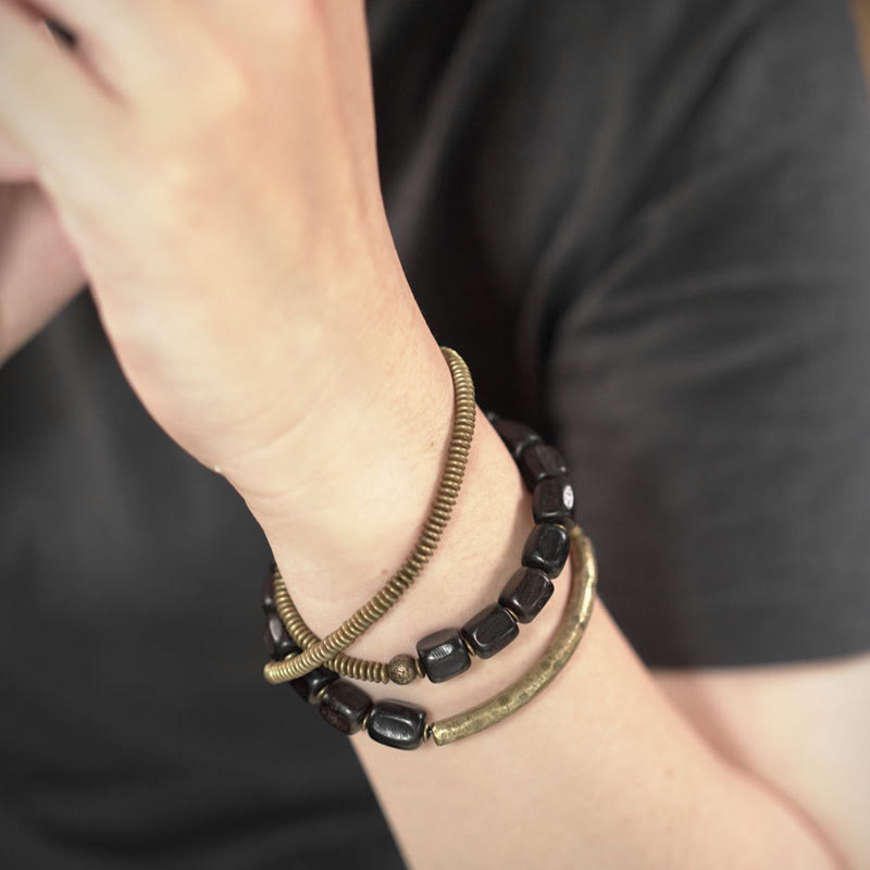 Fortune Jewel Vintage Peace Tibetan Ebony Wood Beads Copper Multilayered Healing Bracelet