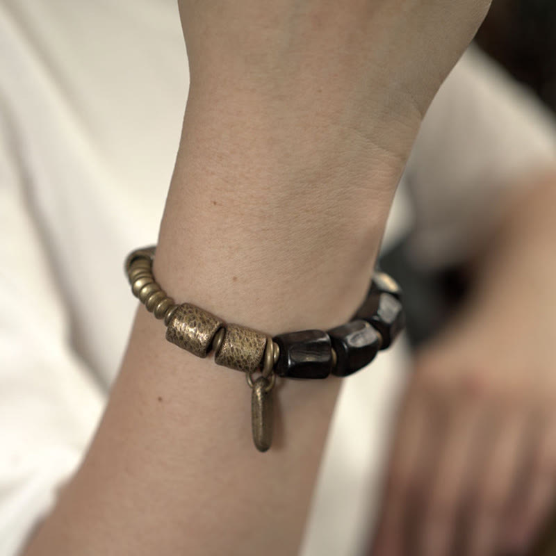 Fortune Jewel Vintage Peace Ebony Wood Copper Beads Bracelet