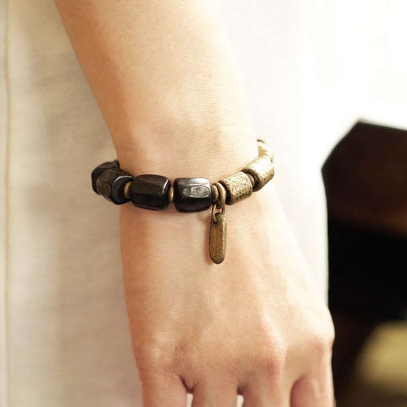 Fortune Jewel Vintage Peace Ebony Wood Copper Beads Bracelet