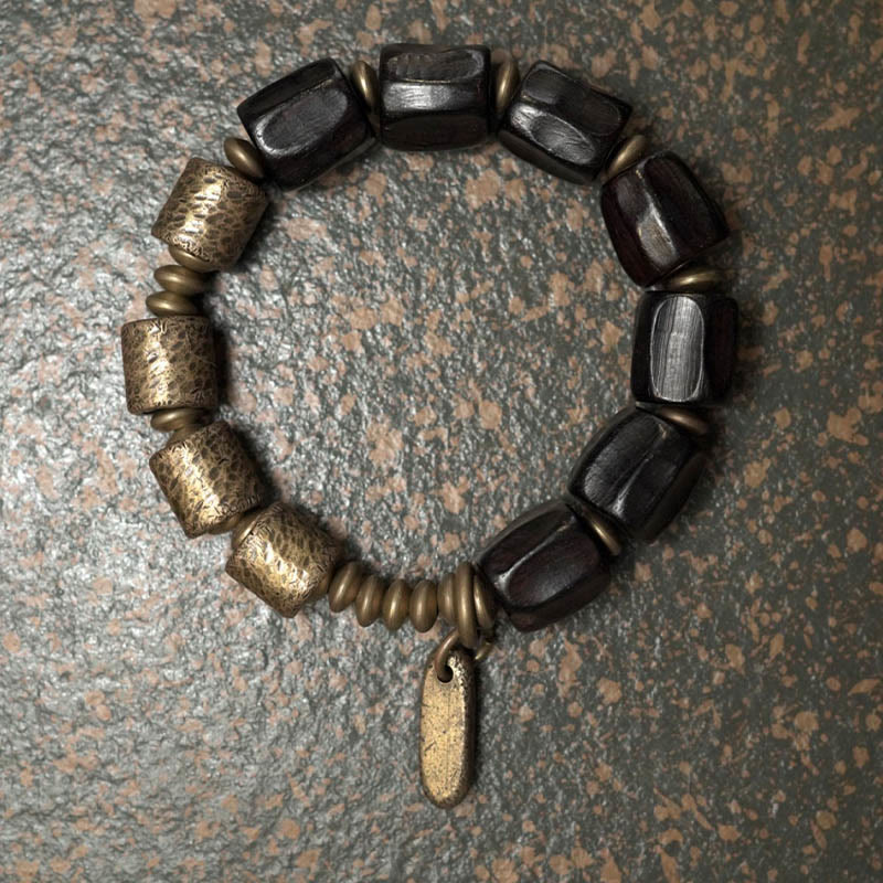 Fortune Jewel Vintage Peace Ebony Wood Copper Beads Bracelet