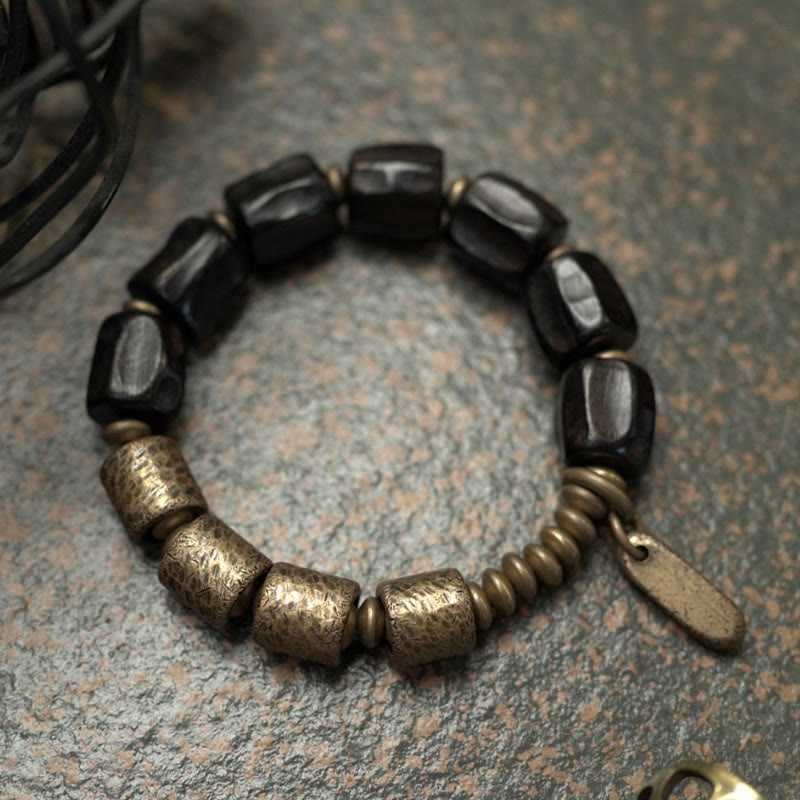 Fortune Jewel Vintage Peace Ebony Wood Copper Beads Bracelet