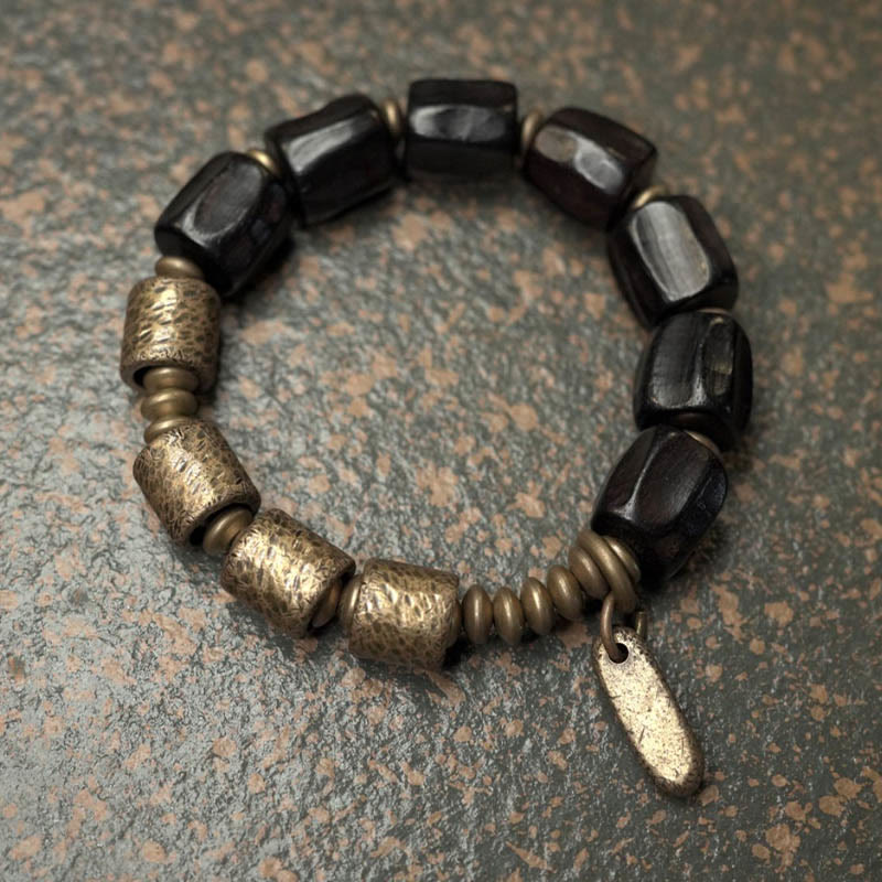 Fortune Jewel Vintage Peace Ebony Wood Copper Beads Bracelet