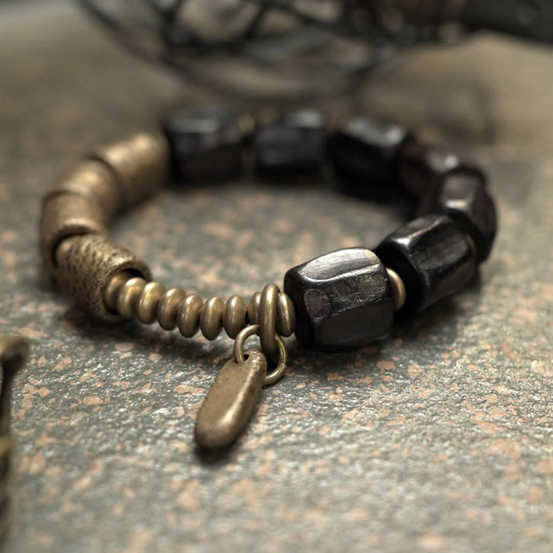 Fortune Jewel Vintage Peace Ebony Wood Copper Beads Bracelet
