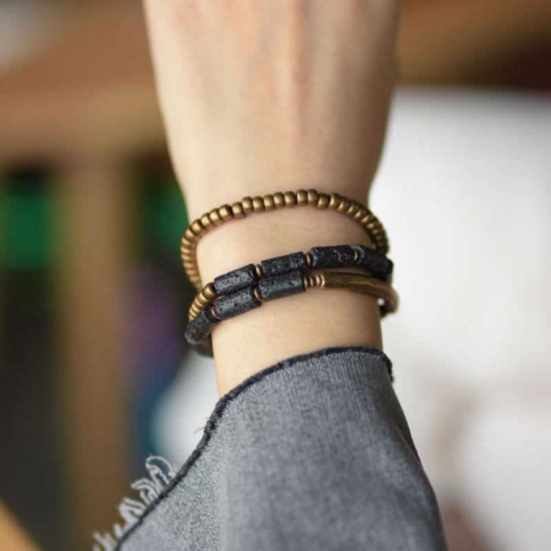 Fortune Jewel Vintage Lava Rock Copper Beads Multi-layered Wrap Bracelet
