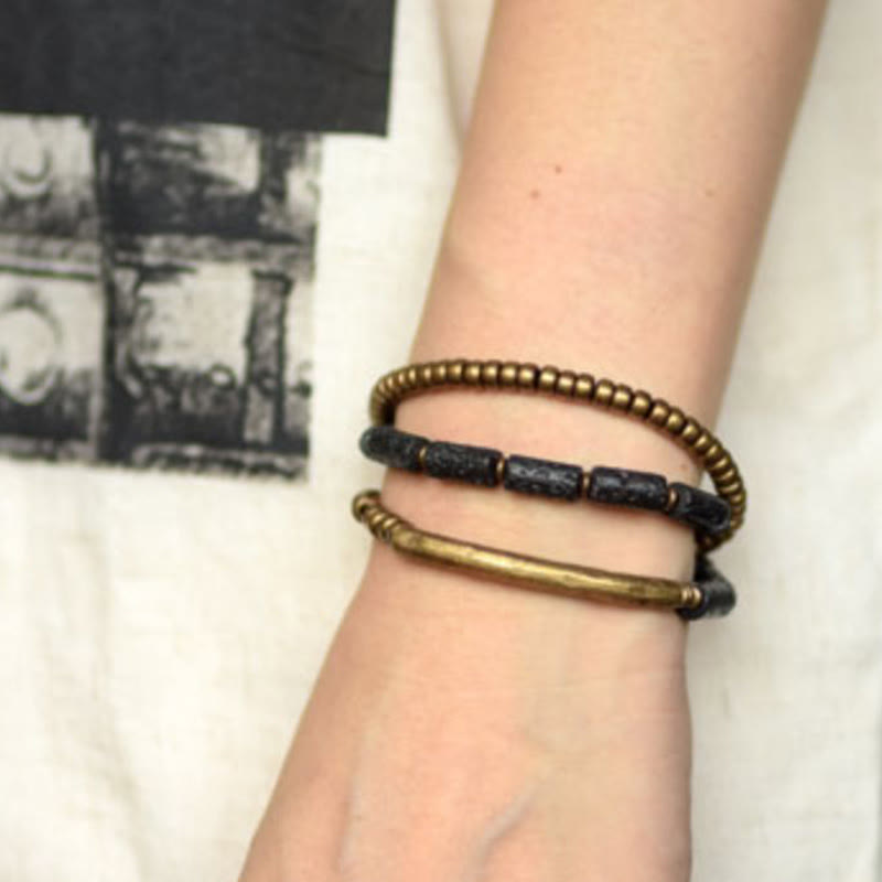 Fortune Jewel Vintage Lava Rock Copper Beads Multi-layered Wrap Bracelet