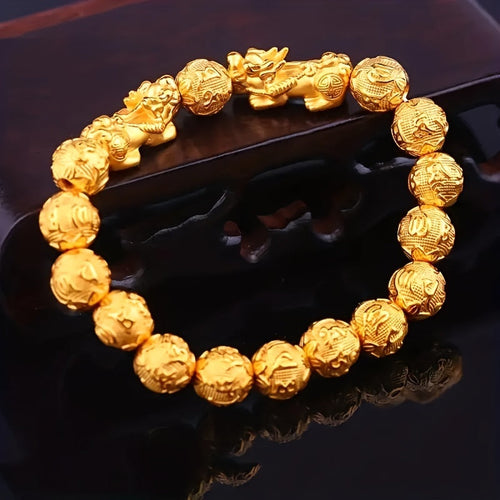 10mm Feng Shui Pixiu Wealth Bracelet Deluxe Gold Lucky Bracelet