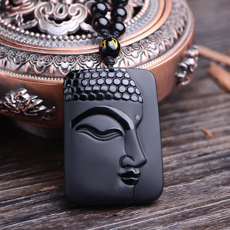 Fortune Jewel Natural Black Obsidian Buddha Prayer Purification Luck Pendant Necklace