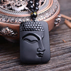 Fortune Jewel Natural Black Obsidian Buddha Prayer Purification Luck Pendant Necklace