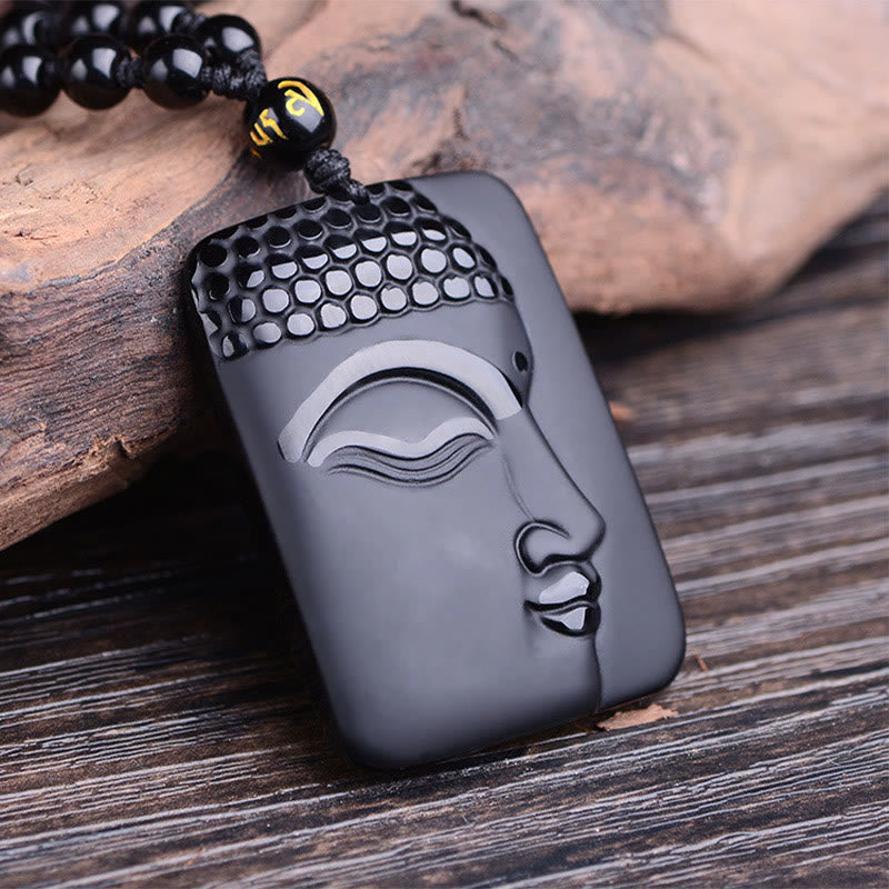 Fortune Jewel Natural Black Obsidian Buddha Prayer Purification Luck Pendant Necklace