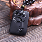 Fortune Jewel Natural Black Obsidian Buddha Prayer Purification Luck Pendant Necklace