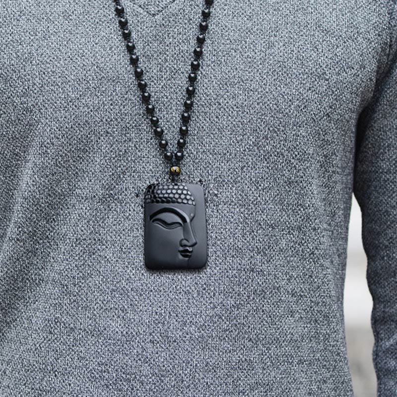 Fortune Jewel Natural Black Obsidian Buddha Prayer Purification Luck Pendant Necklace