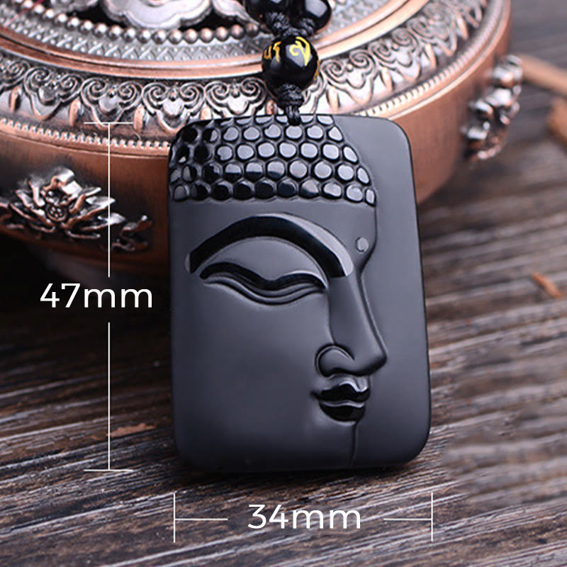 Fortune Jewel Natural Black Obsidian Buddha Prayer Purification Luck Pendant Necklace