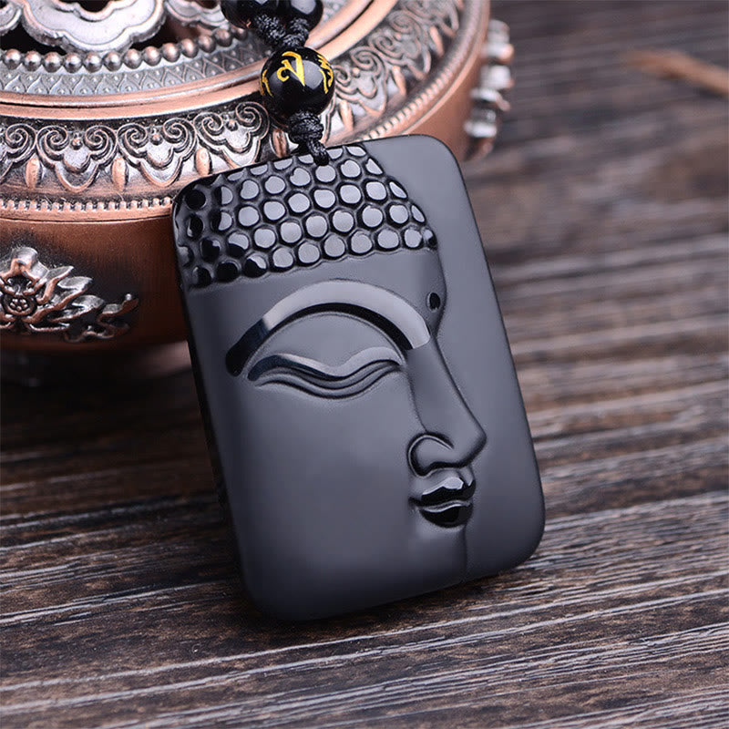 Fortune Jewel Natural Black Obsidian Buddha Prayer Purification Luck Pendant Necklace