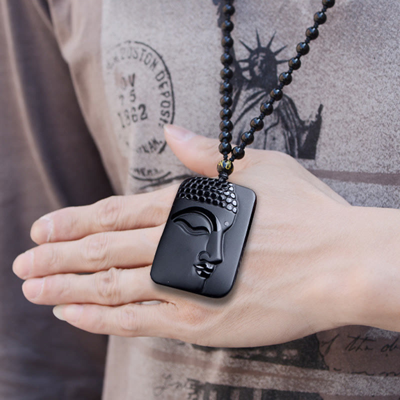 Fortune Jewel Natural Black Obsidian Buddha Prayer Purification Luck Pendant Necklace