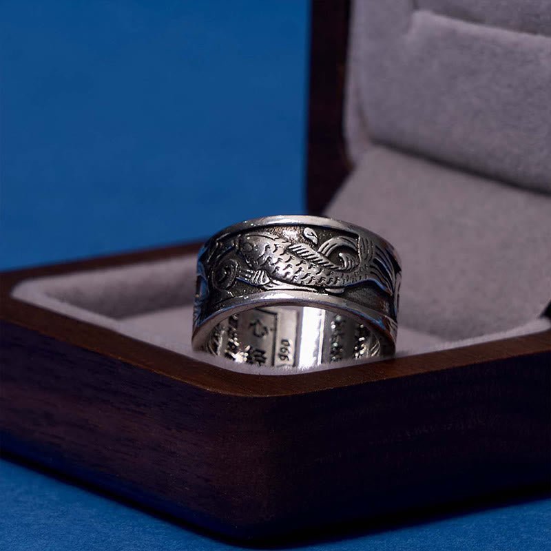 Fortune Jewel Koi Fish Heart Sutra Carved Design Luck Wealth Ring