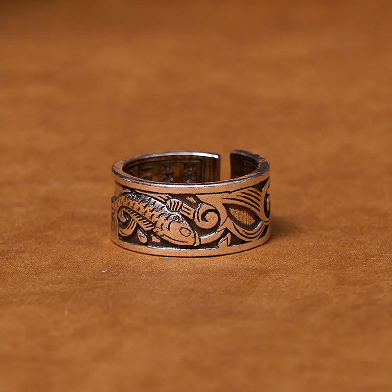 Fortune Jewel Koi Fish Heart Sutra Carved Design Luck Wealth Ring