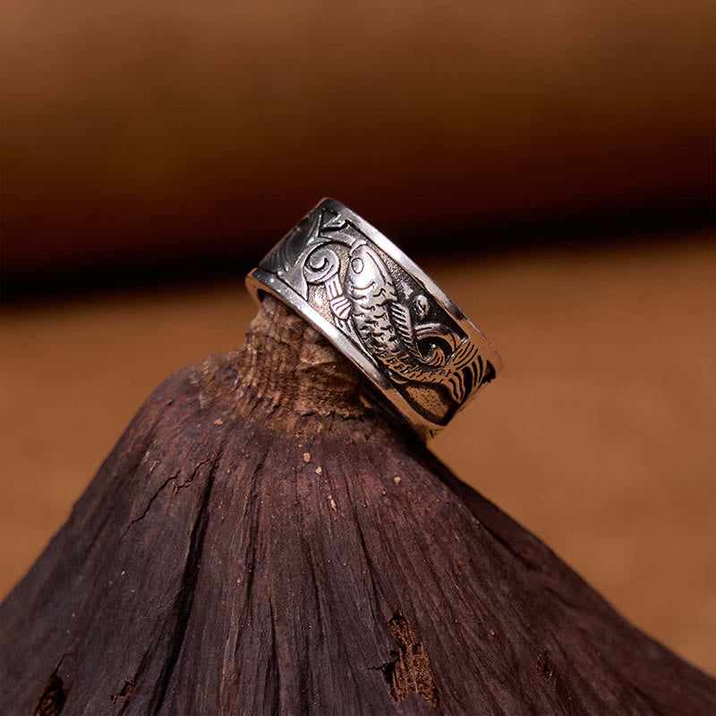Fortune Jewel Koi Fish Heart Sutra Carved Design Luck Wealth Ring