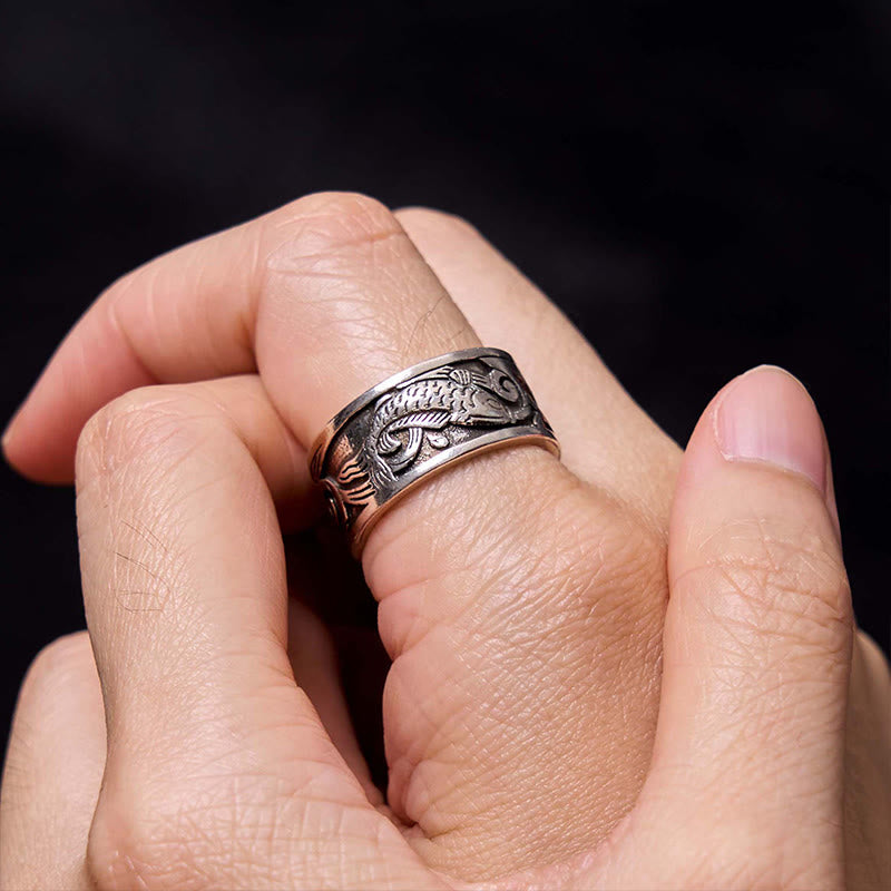 Fortune Jewel Koi Fish Heart Sutra Carved Design Luck Wealth Ring
