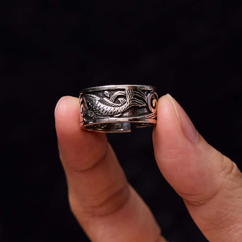 Fortune Jewel Koi Fish Heart Sutra Carved Design Luck Wealth Ring