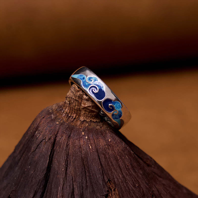 Fortune Jewel Blue Auspicious Clouds Pattern Wealth Copper Adjustable Ring