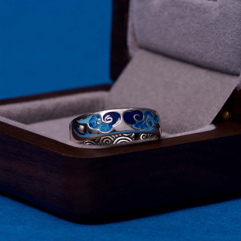 Fortune Jewel Blue Auspicious Clouds Pattern Wealth Copper Adjustable Ring