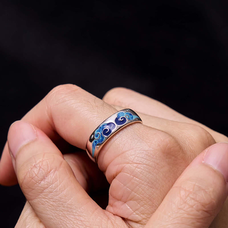 Fortune Jewel Blue Auspicious Clouds Pattern Wealth Copper Adjustable Ring