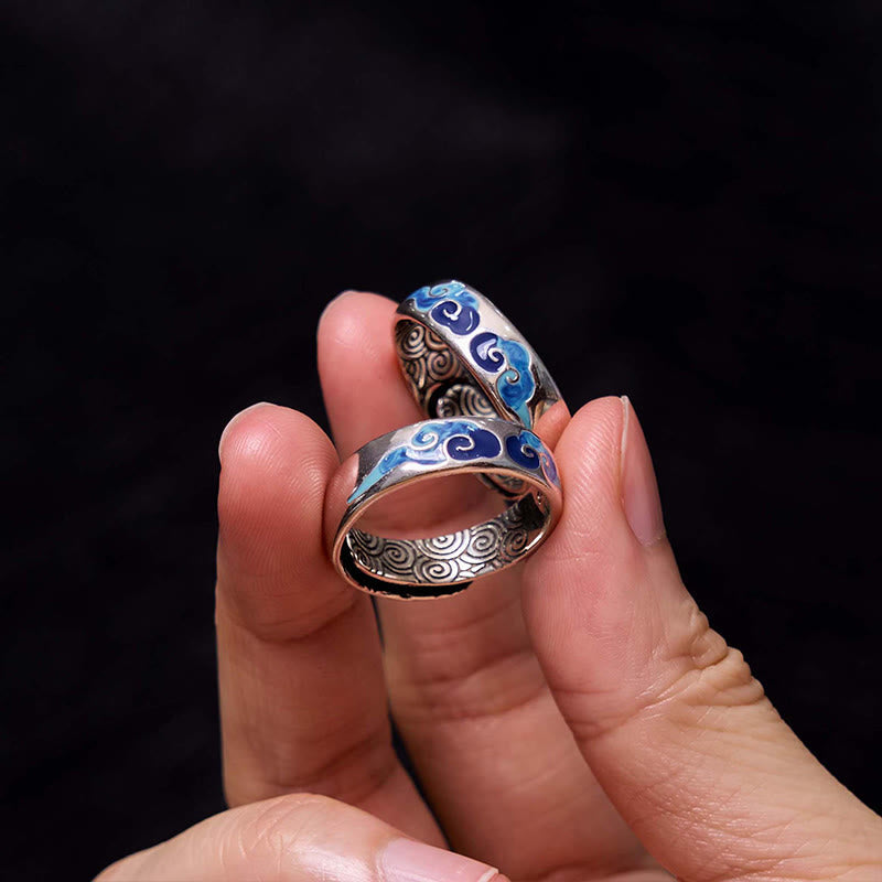 Fortune Jewel Blue Auspicious Clouds Pattern Wealth Copper Adjustable Ring